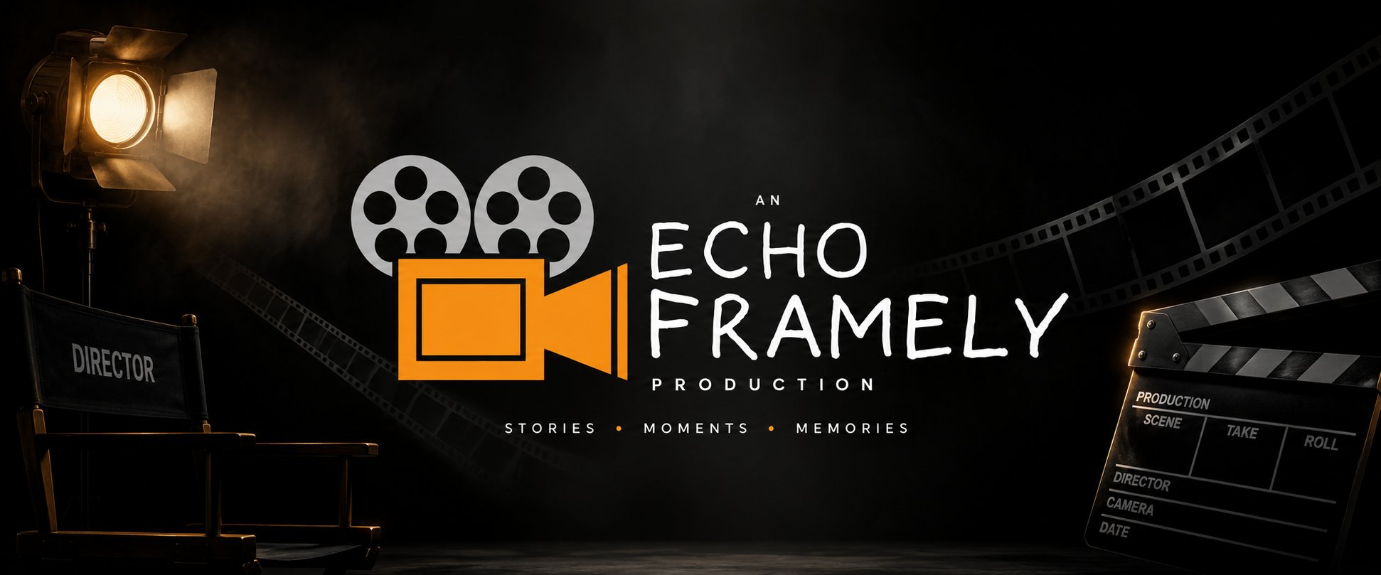 Echo Framely production banner. Cinematic still life with vintage spotlight, director's chair, film reel, and clapperboard, framing the Echo Framely logo.